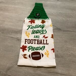 Falling Leaves & Football Please Kitchen Towel With Crochet Top